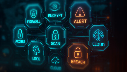 Naklejka premium Digital interface displaying cybersecurity icons including firewall, encrypt, alert, access, scan, lock, breach, and cloud in a futuristic style.