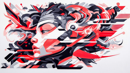 Abstract Portrait Artwork Featuring Woman's Profile with Geometric Shapes and Red Accents