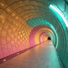 Colorful Textured Tunnel with Gradient Lighting and Tiled Floor