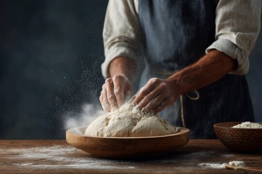 Man hand making pizza dough with flour and sourdough starter on wooden board. Artisan bakery setting.
