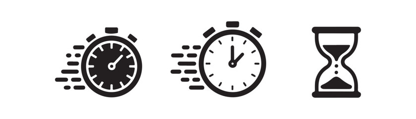 Time Management Icons: Stopwatch, Clock, and Hourglass