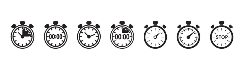 Set of Black and White Stopwatch Icons Showing Different Time Stages