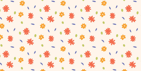 Seamless floral pattern with red orange purple yellow flowers and green leaves on cream background. Abstract spring bloom ornament for textile, wallpaper, wrapping. Vector flat illustration.