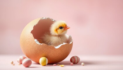 Delicate newborn chick emerging from broken egg with colorful easter eggs