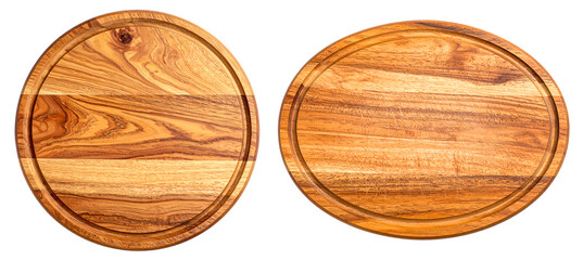 top view of round and oval wooden chopping board on white background