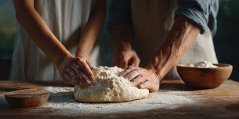 Two people kneading dough for homemade loaves.