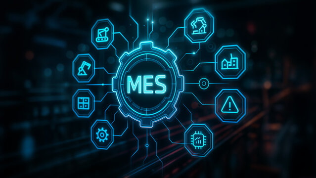 Futuristic depiction of a Manufacturing Execution System (MES) with interconnected icons symbolizing industrial automation and digital integration.