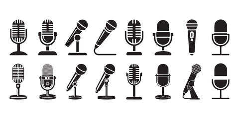 set of  features various microphone icons, from classic vintage styles to modern handheld models, all in a simple black silhouette design against a white background.