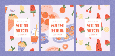 Hello Summer sale posters with hand-drawn fruit and dessert illustrations. Watermelon slices, strawberries, cherries, lemons, oranges, ice cream cones, gelato, drinks, citrus. Flat vector illustration