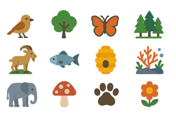 Obraz premium Nature icons: animals, plants, and elements in a colorful grid design