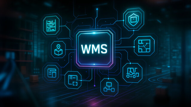 Warehouse Management System (WMS) interface shown with interconnected icons representing logistics and inventory in a futuristic digital setting.
