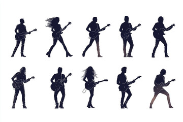 People playing guitar silhouettes set