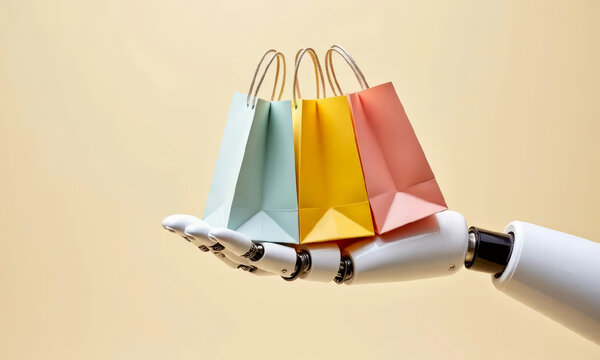 Robotic human hand holding paper shopping bags on palm on beige background.