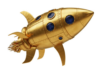 Isolated Golden Retro Rocket Ship with Detailed Engine