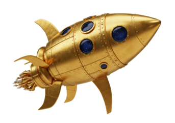 Isolated Golden Retro Rocket Ship with Detailed Engine