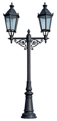 vintage street lampost with two lamps isolated on white background