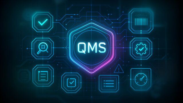Quality Management System (QMS) concept with interconnected icons such as checkmarks, gears, and magnifying glass in a futuristic digital environment.