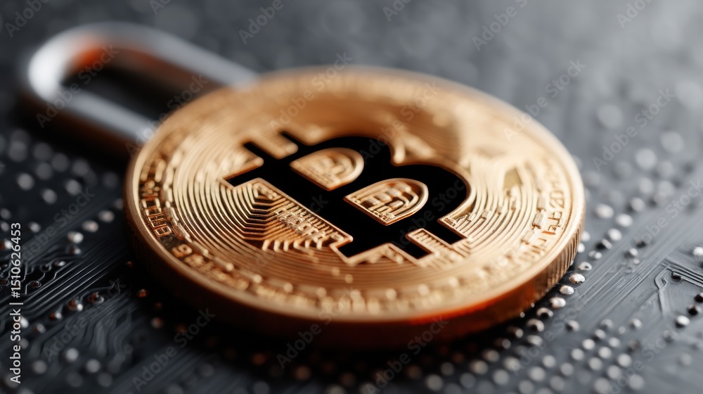 Poster bitcoin symbol on golden coin with integrated circuit board background for digital currency concept