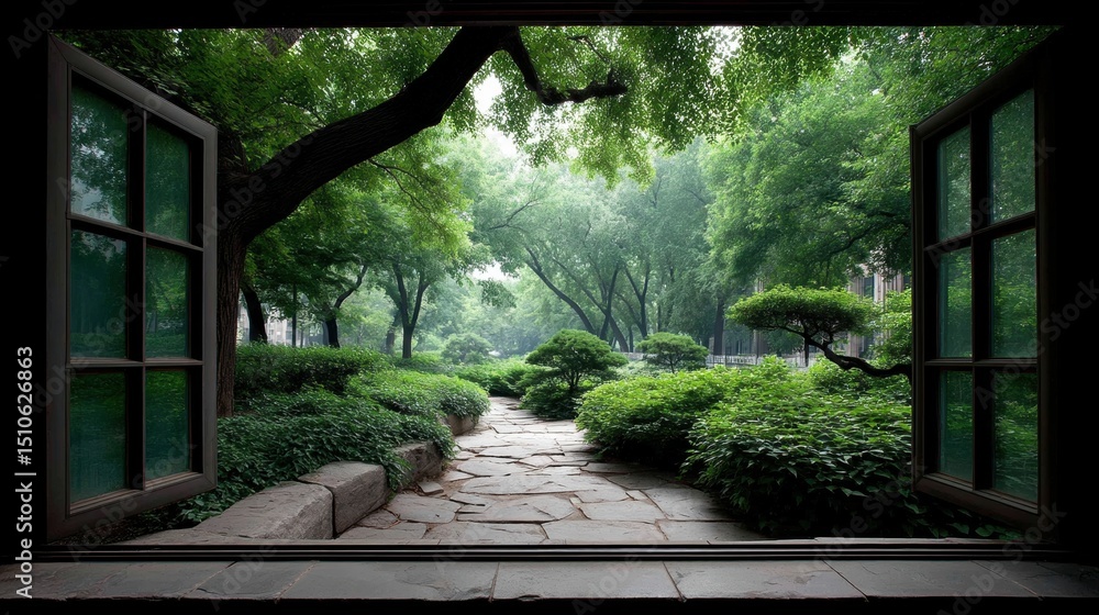 Poster serene minimalist zen garden view through a window frame surrounded by lush greenery and soft light