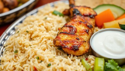 Delicious grilled chicken skewers with savory rice and creamy dipping sauce