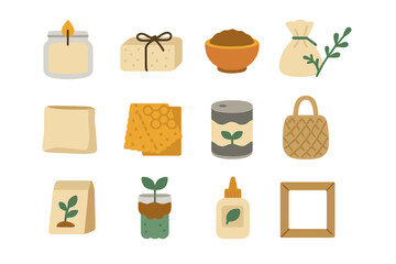 Eco-friendly products icons: candle, soap, herbs, snacks, jars, bag