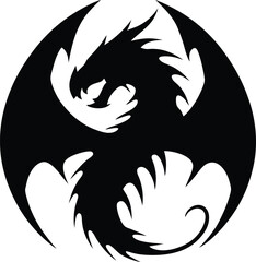 Silhouette of a dragon with wings spread in a circular shape against a white background