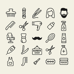 A set of 25 black and white outline icons related to barbershops and hair salons. Includes scissors, razors, combs, hairdryers, chairs, beards, and more. Clean, minimalist style on white background.