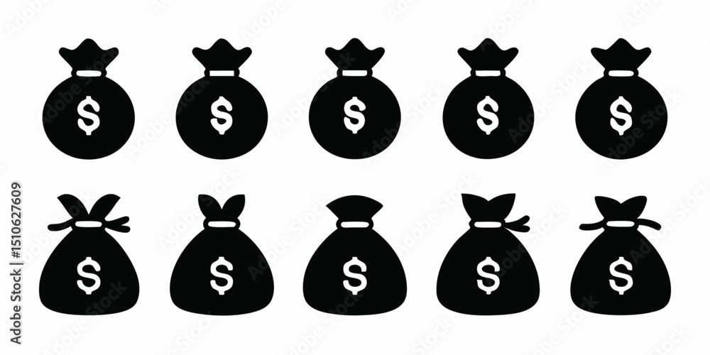 Poster money bag icon design set featuring multiple styles and color variations