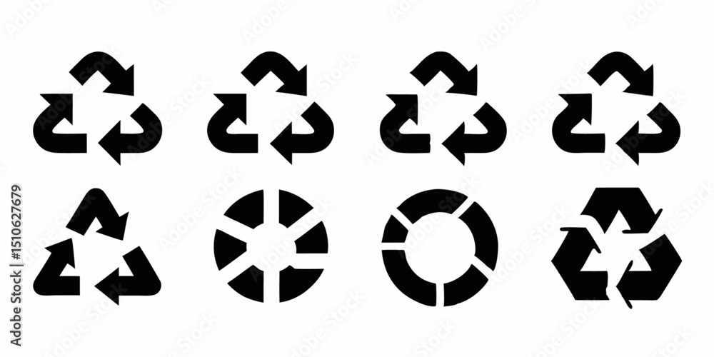 Poster high resolution recycle icon set featuring reusing symbol and recycle sign in cmyk and black