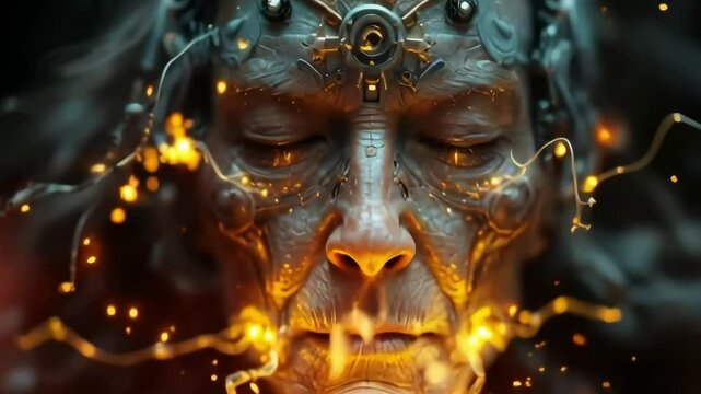 Close-up of an elderly cyber elder performing a sacred breathing ritual with flowing pranic energy. The concept of ancient wisdom in a future society