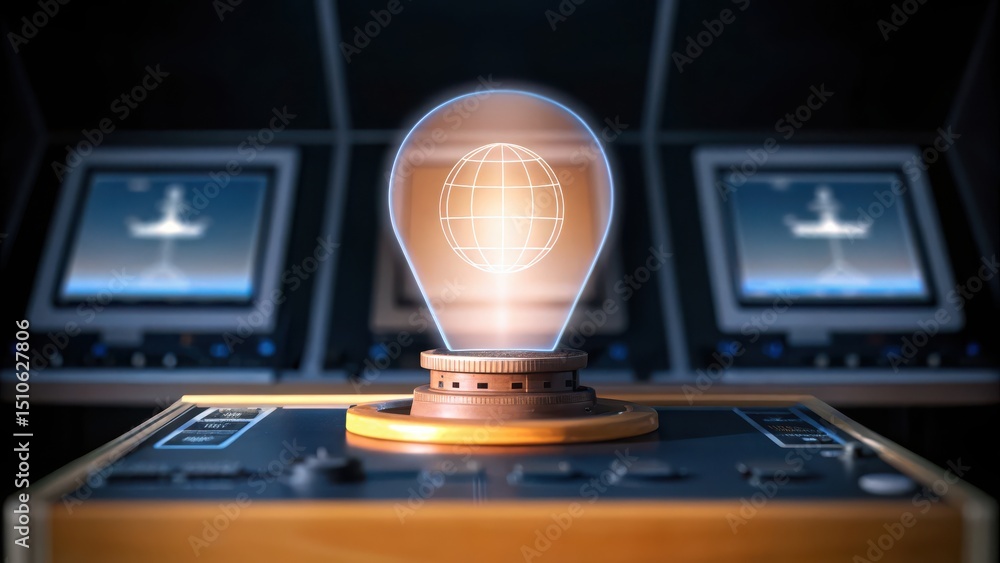 Poster a glowing holographic globe in a lightbulb shape hovers above a futuristic control panel with digita