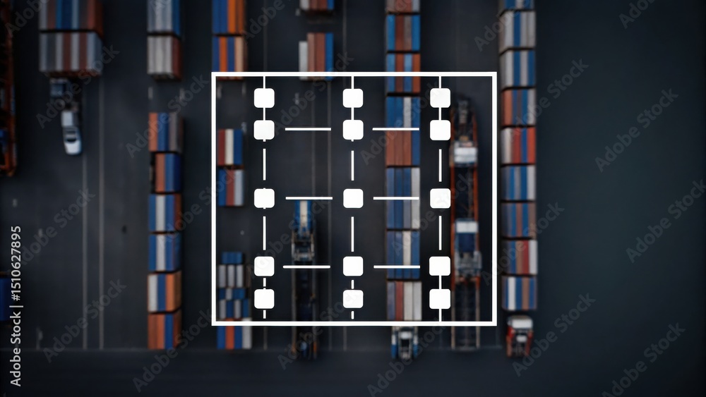 Poster aerial view of shipping containers and trucks with a digital network overlay symbolizing logistics a