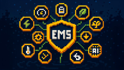 A pixel art digital illustration representing Energy Management System (EMS) with interconnected icons symbolizing various energy and technology concepts.