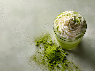 Obraz premium chilled matcha milkshake in a tall glass with whipped cream and matcha powder dusting