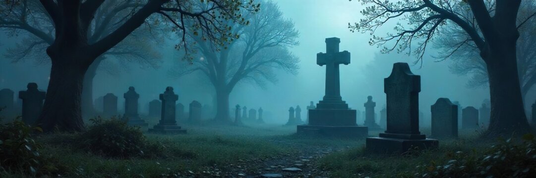 Ethereal mist hangs heavy in the air, a spectral rain falls silently onto a deserted, ancient graveyard The atmosphere is chillingly beautiful, a scene of ghostly serenity , mysterious, magical