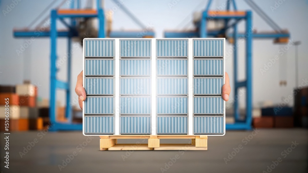 Poster a pair of hands holds a pallet with a creative stack of shipping containers at a busy port with cran