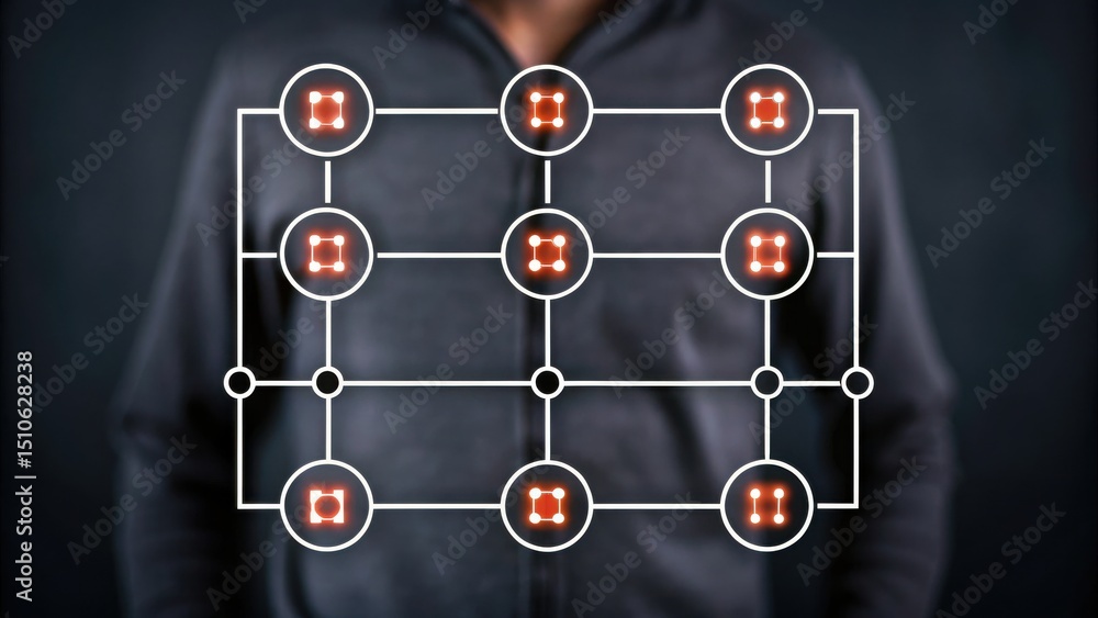 Poster a person stands behind a digital lock pattern interface, symbolizing security or password protection