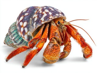 A vibrant hermit crab with orange legs and a uniquely patterned emerges from its dwelling against a stark white background in a captivating studio shot.