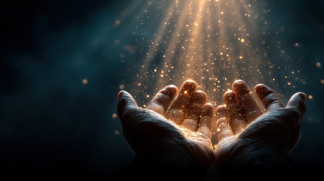 Open Hands Receiving Golden Light Particles on Dark Background