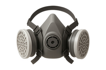Dark grey gas mask with dual filters. Essential personal protective equipment (PPE) for chemical...