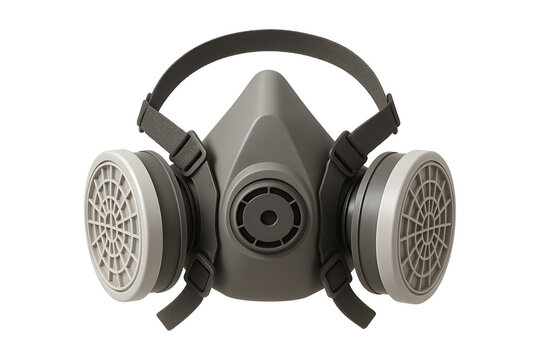 Dark grey gas mask with dual filters. Essential personal protective equipment (PPE) for chemical safety, hazardous gases, dust, and air pollution. Represents concepts of protection, transparent