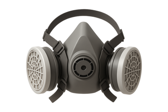 Dark grey gas mask with dual filters. Essential personal protective equipment (PPE) for chemical safety, hazardous gases, dust, and air pollution. Represents concepts of protection, transparent