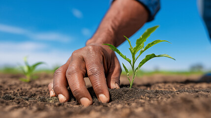 African-American man's hand is planting a small plant in crop row, sustainable farming
