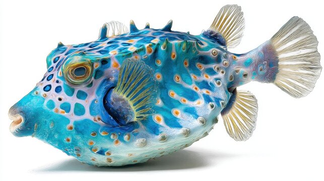 A colorful turquoise boxfish with spotted patterns and unique fins is swimming against a white background in a studio setting showing details.