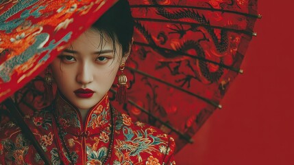 Beautiful Woman with Red Umbrella and Bold Red Makeup