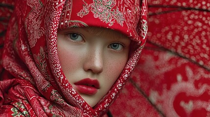 Beautiful Woman with Red Umbrella and Striking Red Makeup Portrait