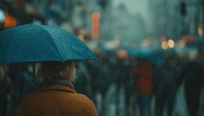 Woman Holding a Blue Umbrella in the Rain on a Busy City Street