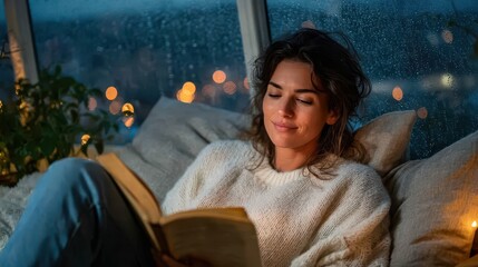 Woman Reading an Old Book in a Cozy Living Room at Night