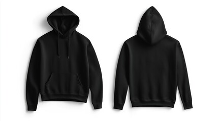 Black hoodie front and back view, minimalist style on plain background. Simple and versatile urban fashion essential.