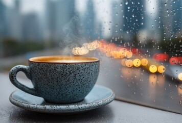 Steaming Cup of Coffee on Windowsill with Raindrops Outside the Window